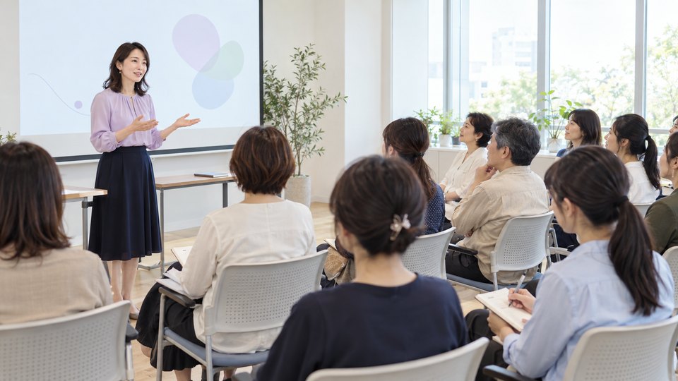 女性経営者の事業プレゼンを聞き、ノートを取る参加者たち